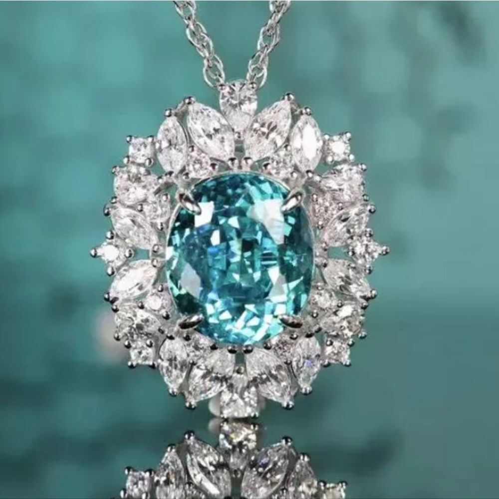 Blue Aquamarine Pendant Set In 925 Silver With Lab Created Baguett Diamonds